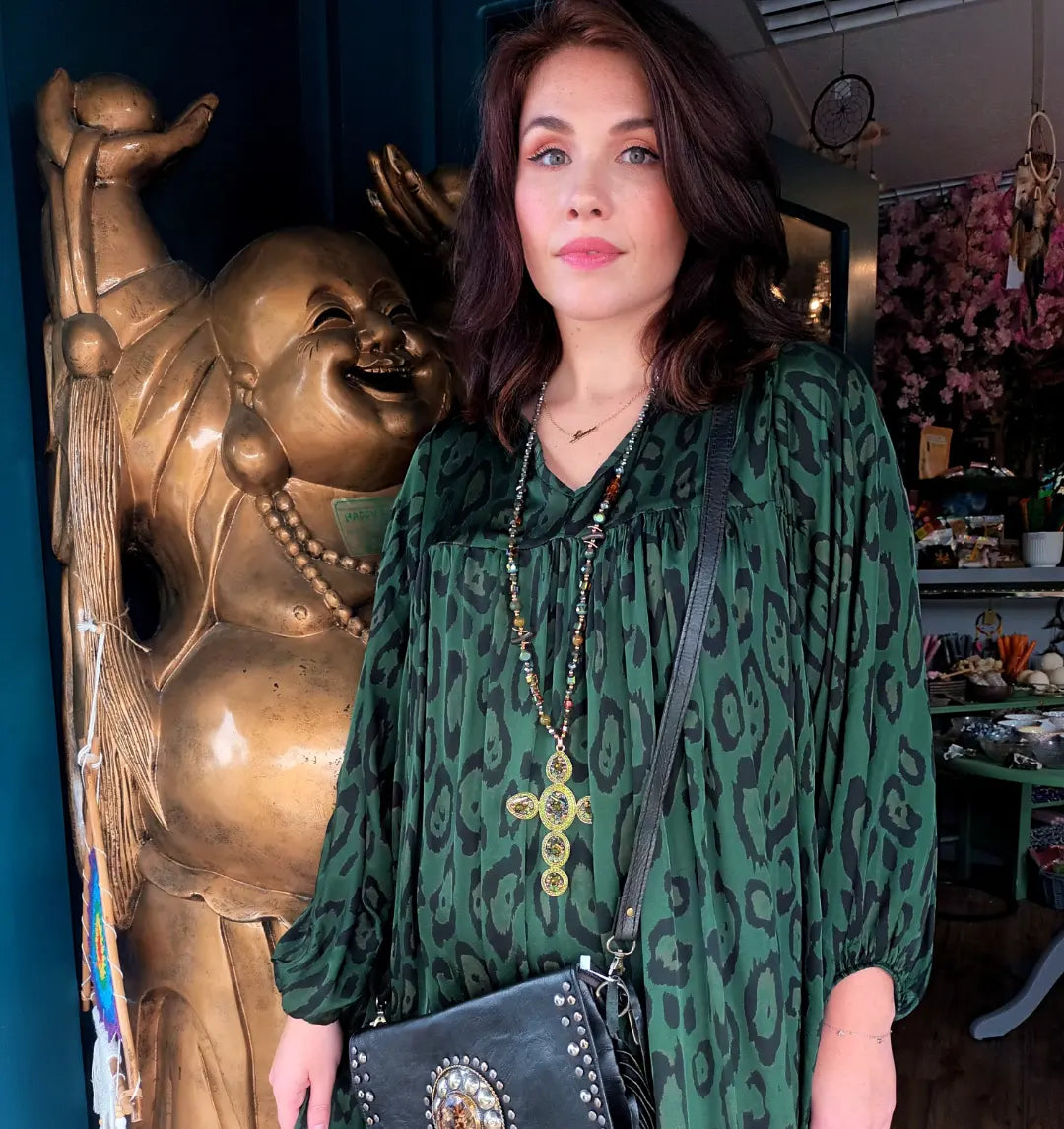 'TALULLAH' BEAUTIFUL BOTTLE GREEN MUTED ANIMAL PRINT DRESS. OVERSIZED STYLE.