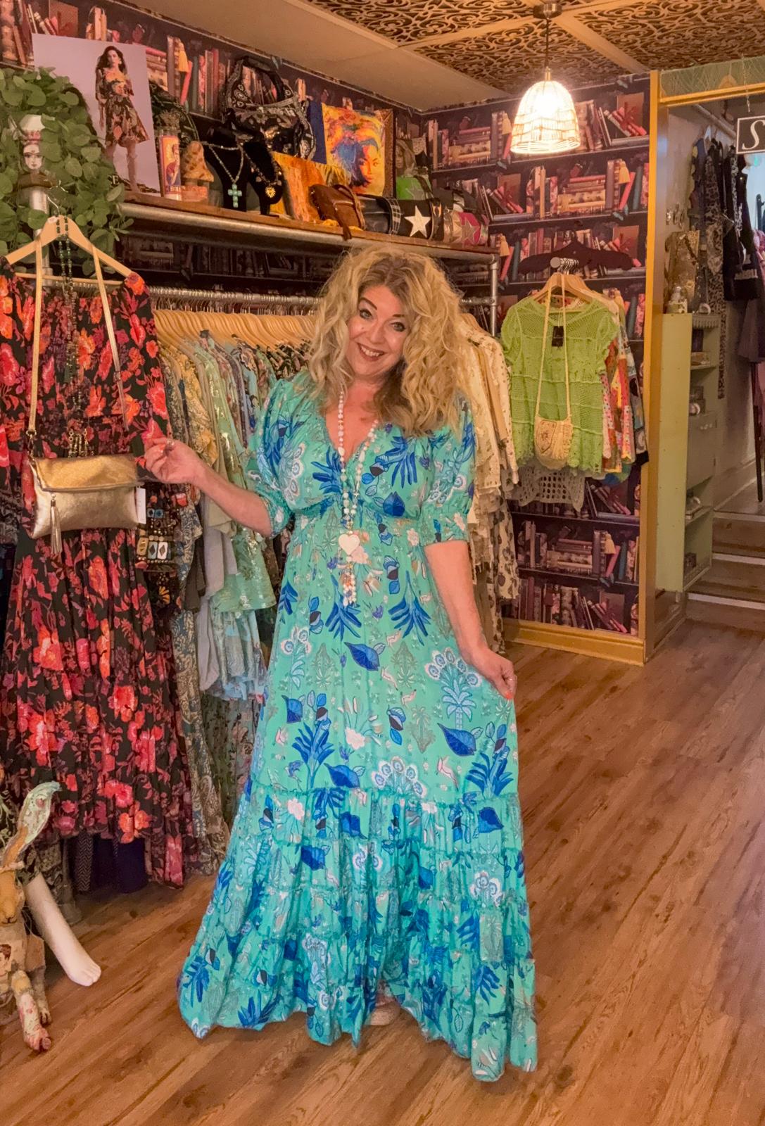 THE 'BONITA' STUNNING FLORAL AND BIRD PRINT DRESS IN EMERALD AND BLUE FROM OUR EXCLUSIVE SPANISH RANGE