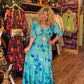 THE 'BONITA' STUNNING FLORAL AND BIRD PRINT DRESS IN EMERALD AND BLUE FROM OUR EXCLUSIVE SPANISH RANGE