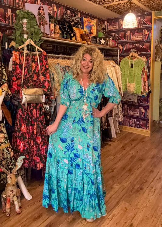THE 'BONITA' STUNNING FLORAL AND BIRD PRINT DRESS IN EMERALD AND BLUE FROM OUR EXCLUSIVE SPANISH RANGE