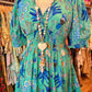 THE 'BONITA' STUNNING FLORAL AND BIRD PRINT DRESS IN EMERALD AND BLUE FROM OUR EXCLUSIVE SPANISH RANGE