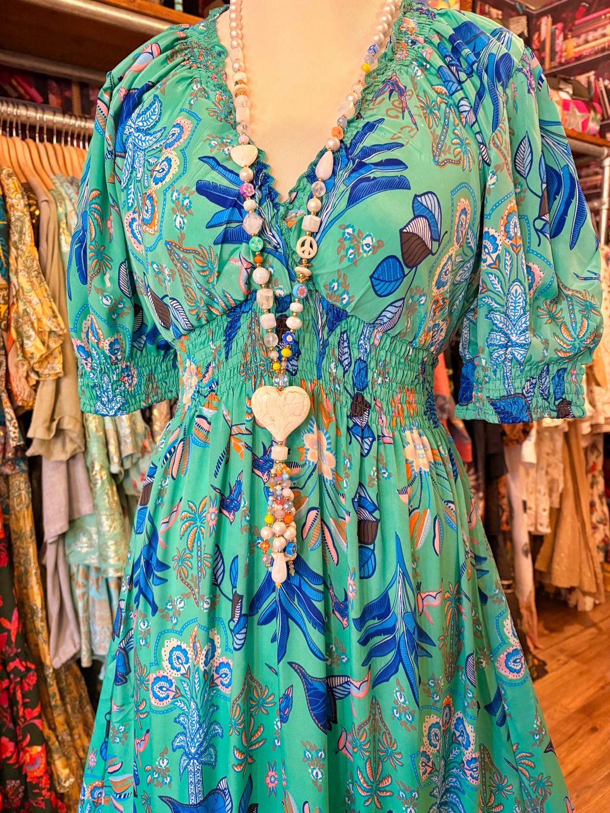 THE 'BONITA' STUNNING FLORAL AND BIRD PRINT DRESS IN EMERALD AND BLUE FROM OUR EXCLUSIVE SPANISH RANGE