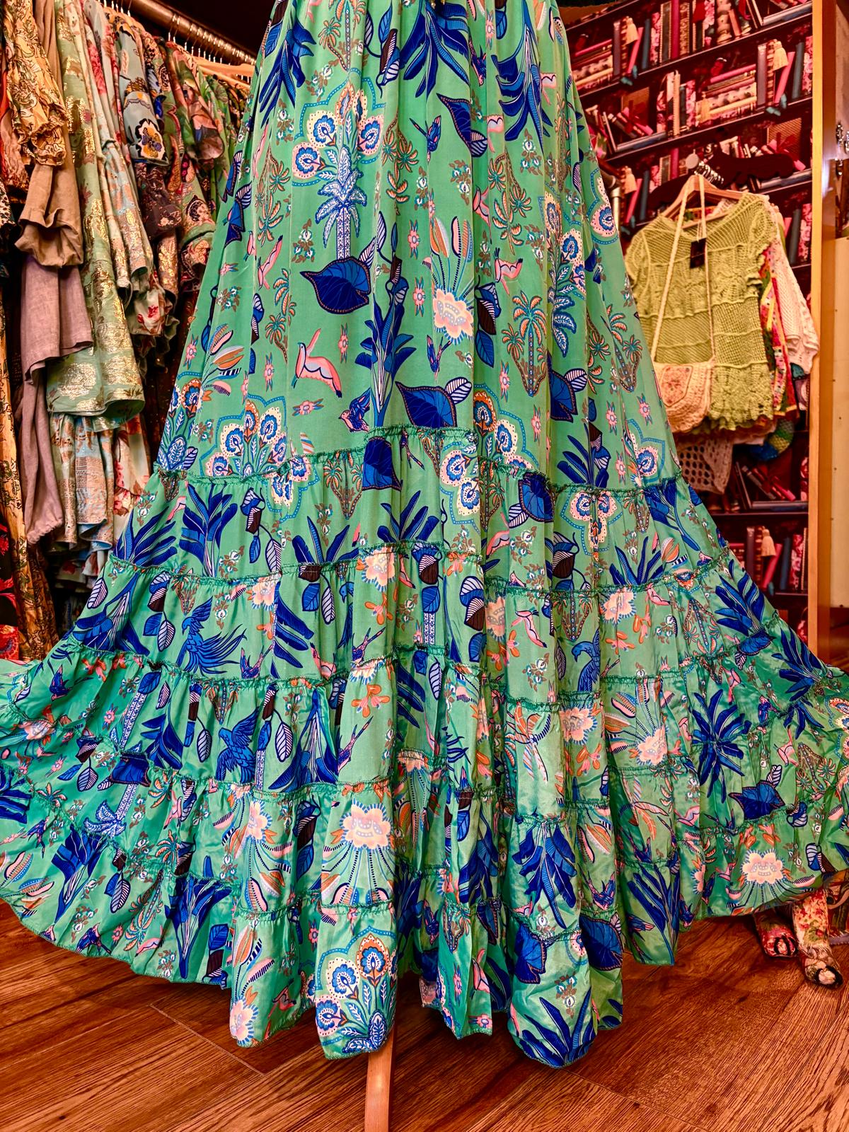 THE 'BONITA' STUNNING FLORAL AND BIRD PRINT DRESS IN EMERALD AND BLUE FROM OUR EXCLUSIVE SPANISH RANGE