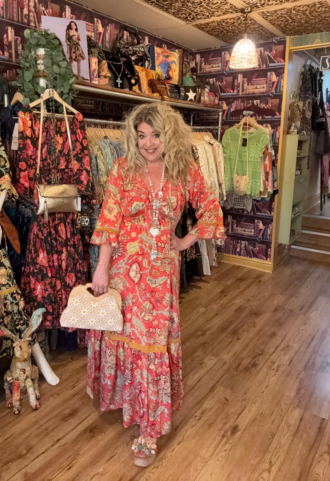 THE 'SCARLETTA' STUNNING LACE DETAIL DRESS IN SCARLET AND MUSTARD FROM OUR EXCLUSIVE SPANISH COLLECTION