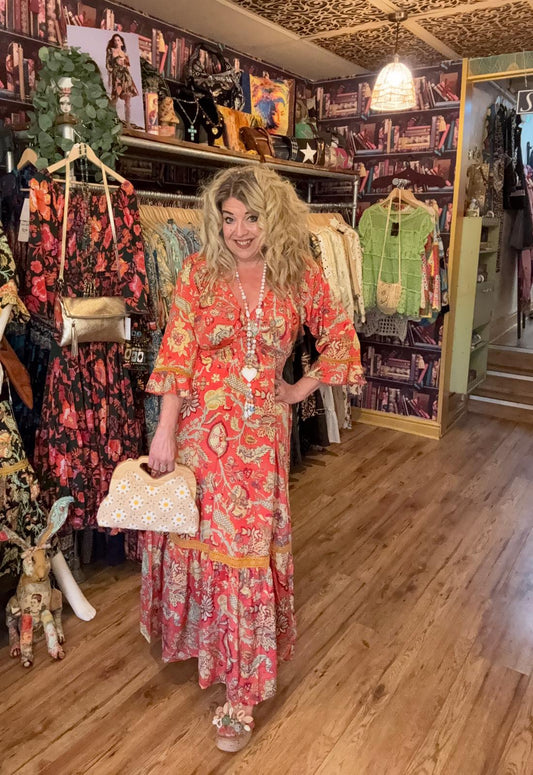 THE 'SCARLETTA' STUNNING LACE DETAIL DRESS IN SCARLET AND MUSTARD FROM OUR EXCLUSIVE SPANISH COLLECTION