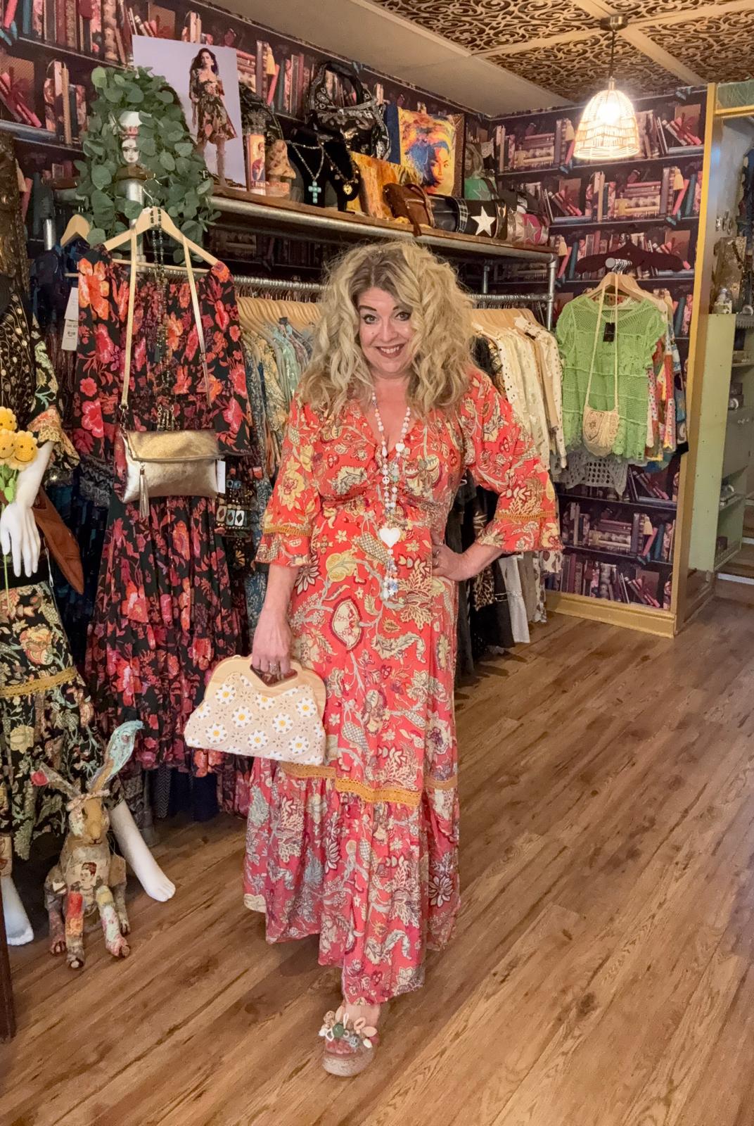 THE 'SCARLETTA' STUNNING LACE DETAIL DRESS IN SCARLET AND MUSTARD FROM OUR EXCLUSIVE SPANISH COLLECTION