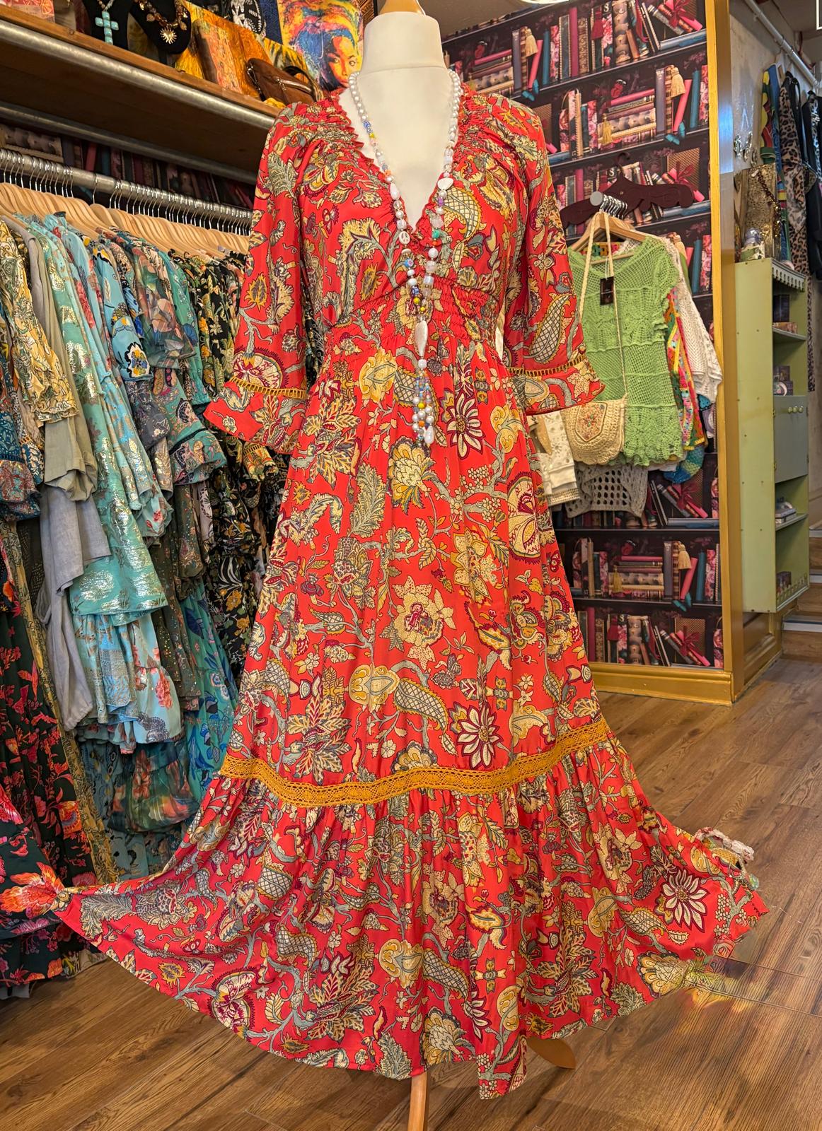 THE 'SCARLETTA' STUNNING LACE DETAIL DRESS IN SCARLET AND MUSTARD FROM OUR EXCLUSIVE SPANISH COLLECTION