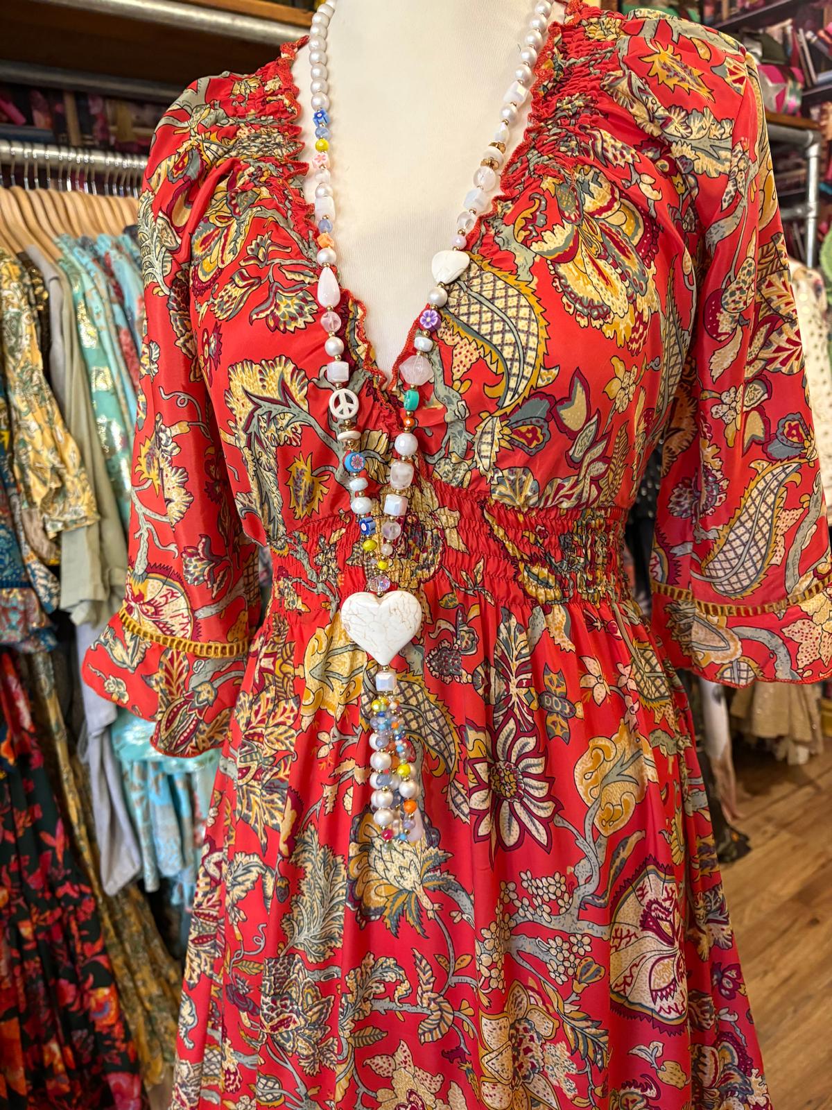 THE 'SCARLETTA' STUNNING LACE DETAIL DRESS IN SCARLET AND MUSTARD FROM OUR EXCLUSIVE SPANISH COLLECTION