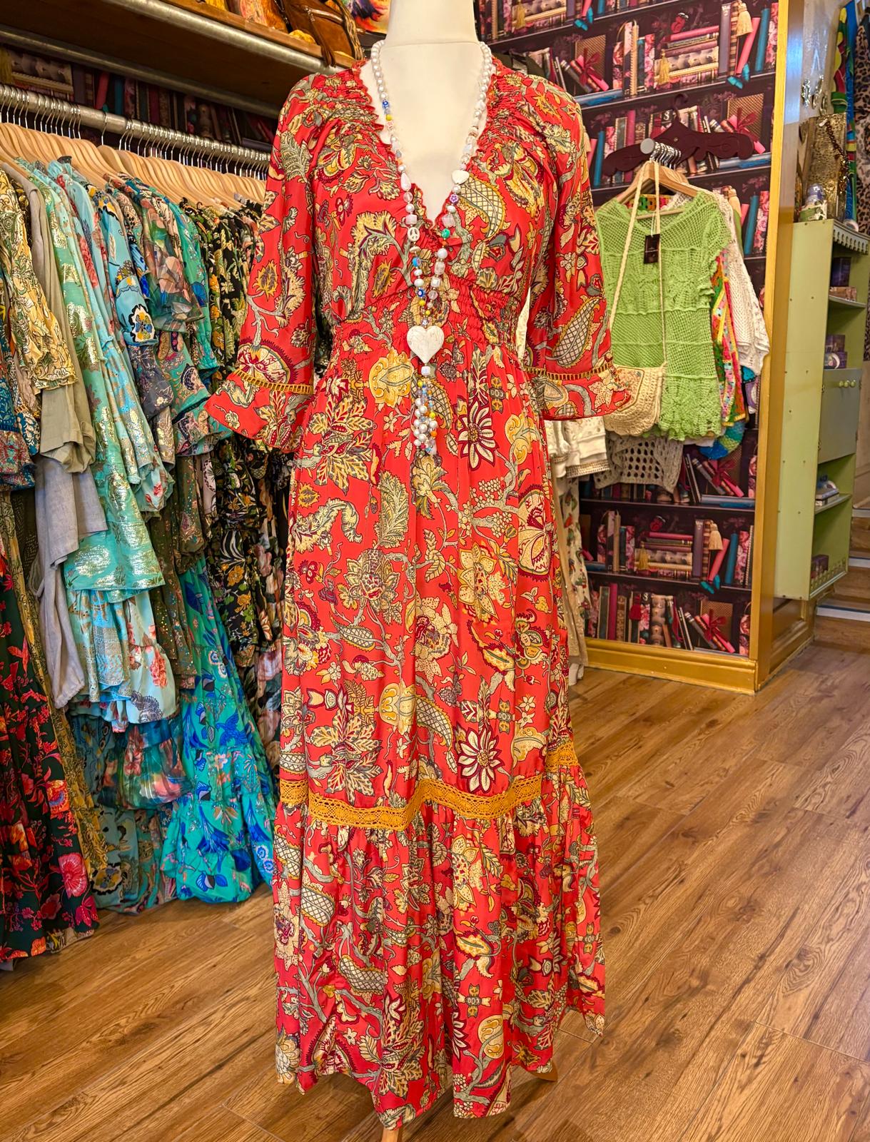 THE 'SCARLETTA' STUNNING LACE DETAIL DRESS IN SCARLET AND MUSTARD FROM OUR EXCLUSIVE SPANISH COLLECTION