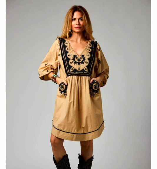 THE 'BELLA BARCELONA' BEAUTIFUL FOLK STYLE POCKET FRONT DRESS WITH STUNNING FRINGE AND EMBROIDERED DETAIL