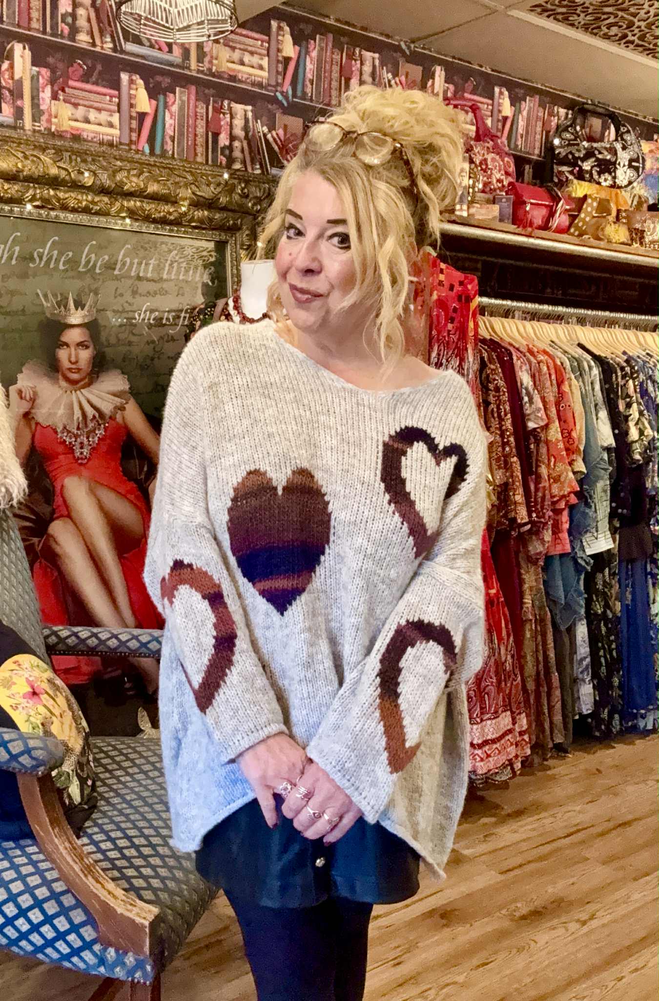 THE 'STRIPEY HEARTS' COSY OVERSIZED SNUGGLE JUMPER IN SOFT GREY