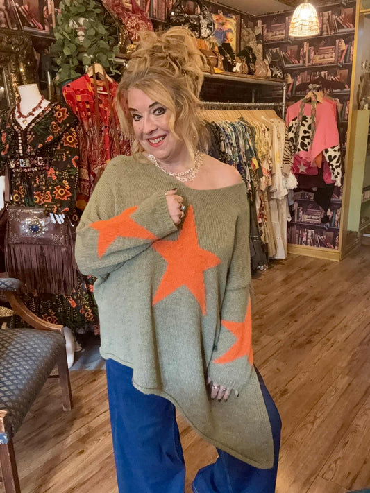 THE 'STARMAN' BEAUTIFUL ASYMMETRIC SNUGGLE JUMPER IN OLIVE GREEN AND ZINGY ORANGE