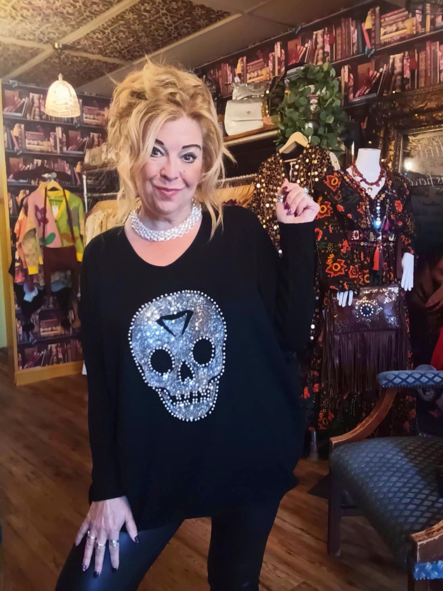 THE 'CRYSTAL SKULL' LUXE FEEL SLINKY OVERSIZED JUMPER IN BLACK AND SILVER