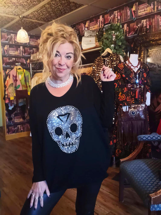 THE 'CRYSTAL SKULL' LUXE FEEL SLINKY OVERSIZED JUMPER IN BLACK AND SILVER