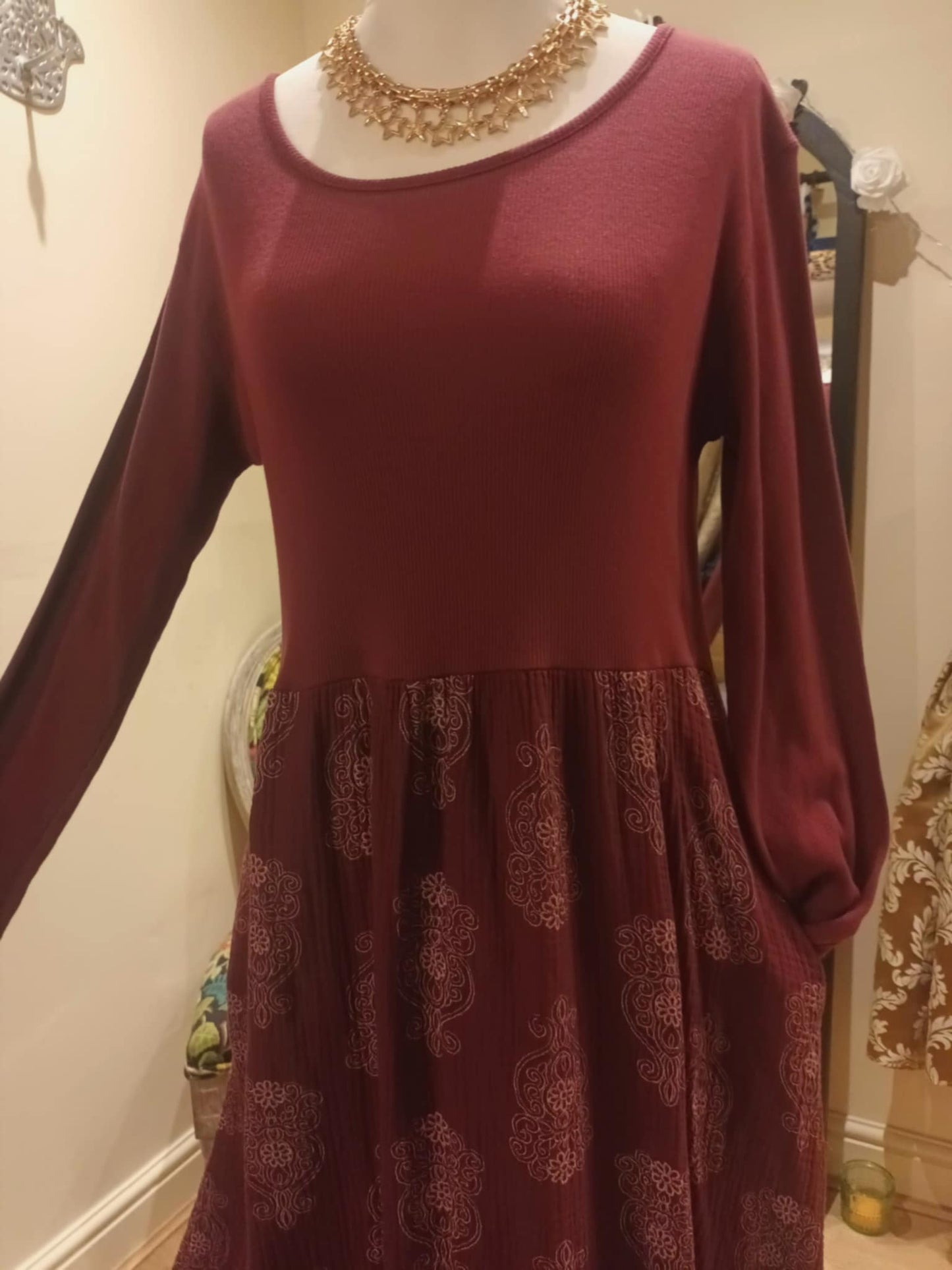 THE 'MANDALA' STUNNING SPIRITUAL PRINT COSY JERSEY DRESS WITH POCKETS WINE, KHAKI OR NAVY