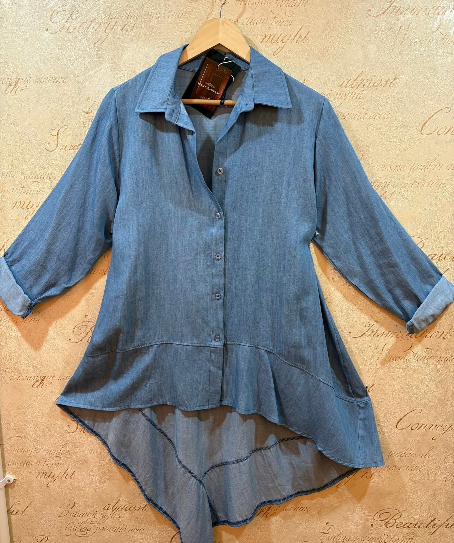 THE 'FREEBIRD' CLASSIC ROCK CHICK STYLE SUPERSOFT DENIM SHIRT WITH ASYMMETRIC BACK