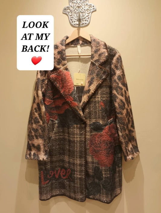 THE 'URBAN ROSES' STUNNING TARTAN AND LEOPARD STATEMENT BLANKET COAT WITH STRIKING BACK DETAIL