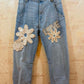 THE 'LOVE AND DAISIES' VINTAGE STYLE SUPERSOFT STRETCH CHAMBRAY JEANS WITH APPLIQUE DETAIL