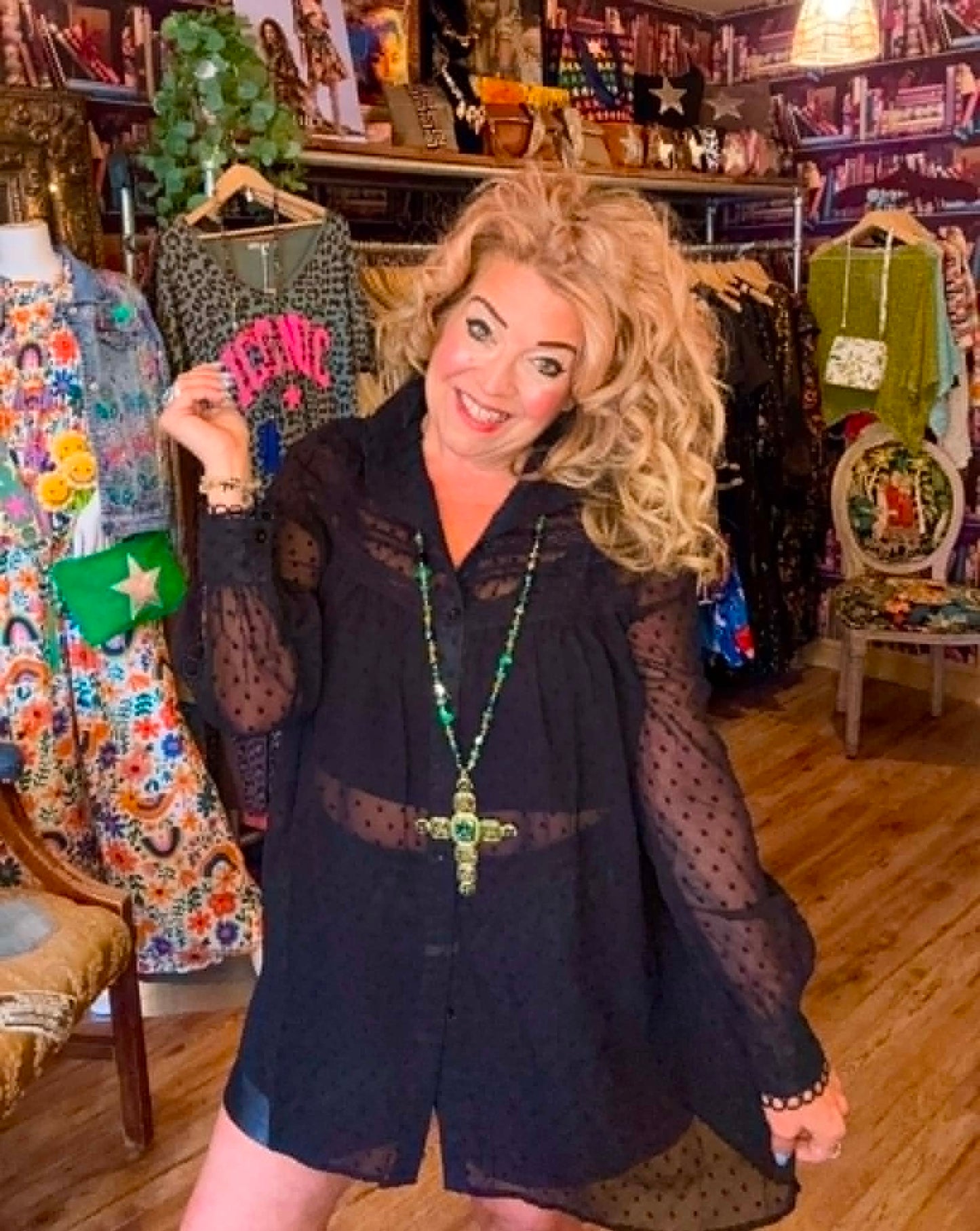 THE 'VICTORIANA' STUNNING BLACK DOBBY SPOT LACE EMBELLISHED VICTORIANA STYLE BUTTON THROUGH TUNIC/DRESS