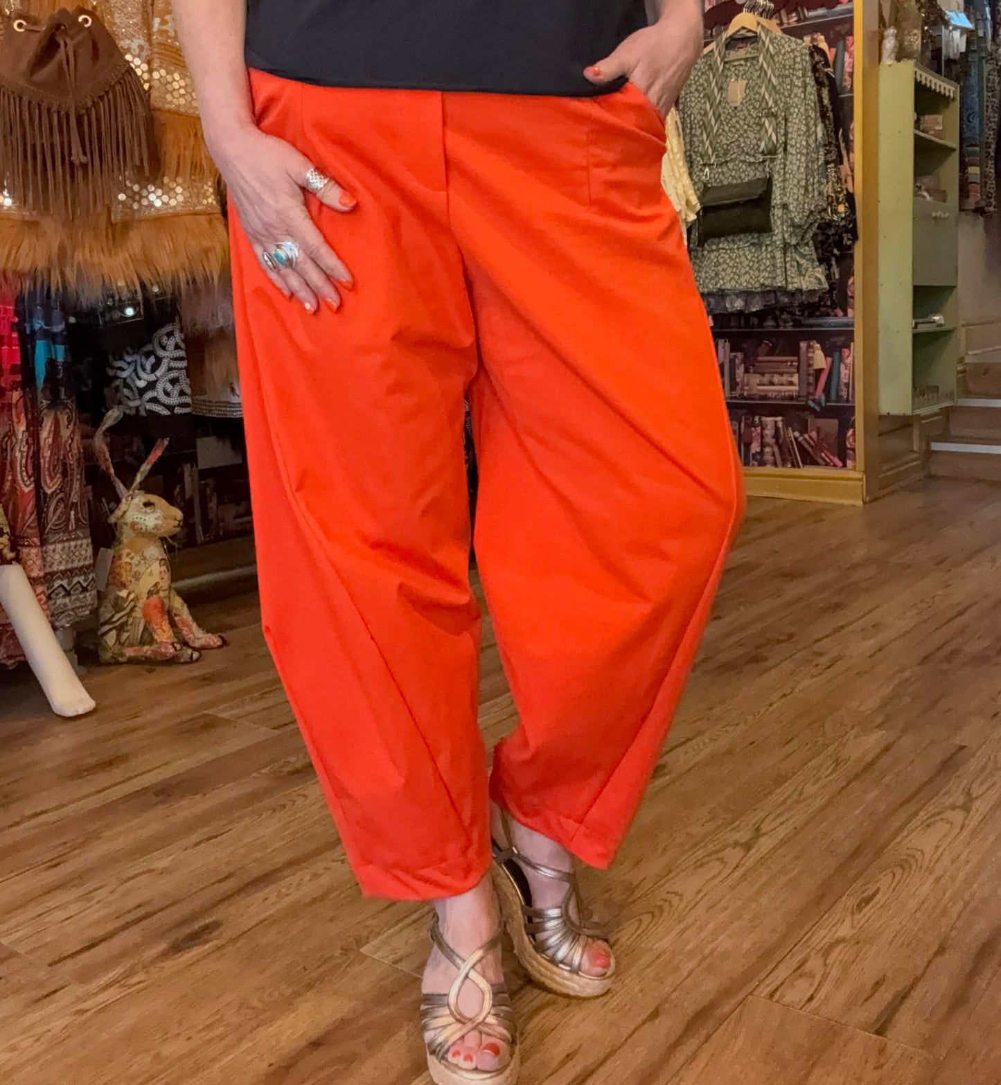 THE 'HAVANA' FABULOUSLY FLATTERING TAPERED BARREL LEG STRETCH TROUSERS IN VIBRANT ORANGE