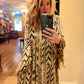 THE 'IKAT' ELEGANT AND FLOATY ETHNIC PRINT BUTTON THROUGH DRESS WITH ACCENTS OF GOLD