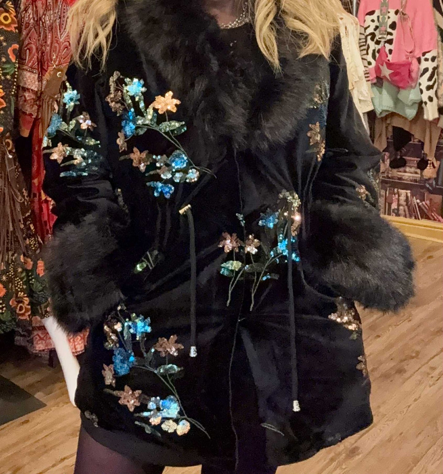 THE 'KIKI' LUXURIOUS VELVET COAT WITH STUNNING SEQUIN, FAUX FUR AND EMBROIDERED DETAIL