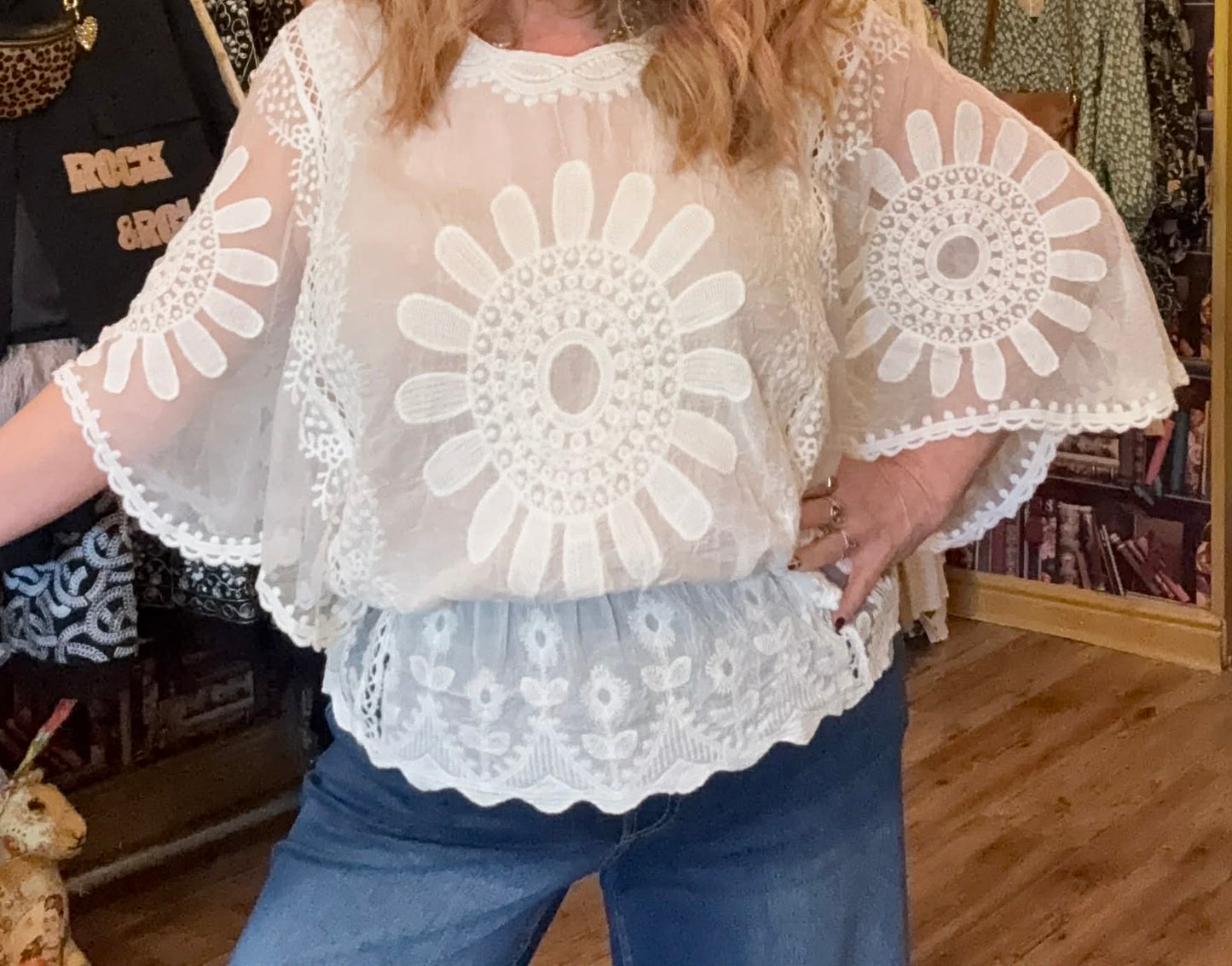 THE 'WOODSTOCK' SNOWY WHITE 70'S STYLE ANGEL SLEEVE EMBROIDERED SHEER SLEEVE TOP