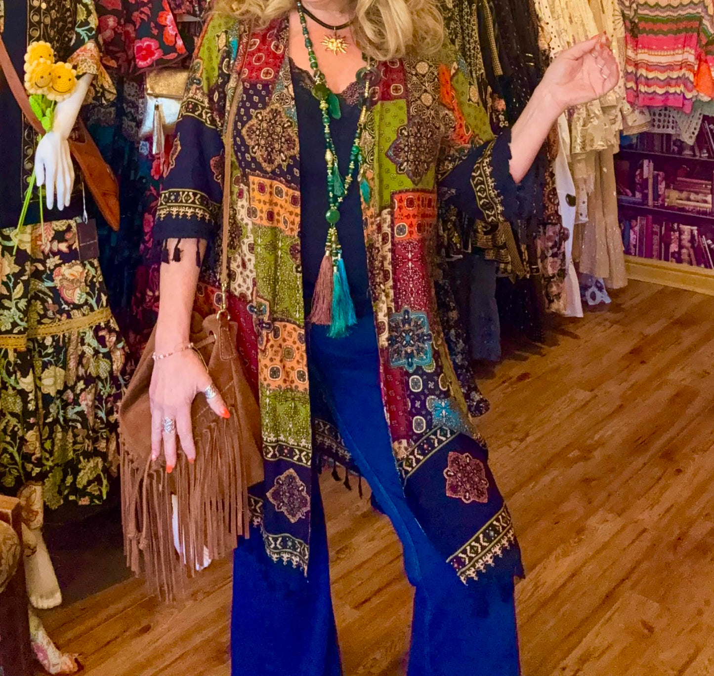 THE 'BOHO TRAVELLER' STUNNING ETHNIC PATCHWORK PRINT LIGHTWEIGHT KAFTAN STYLE JACKET/COVER UP
