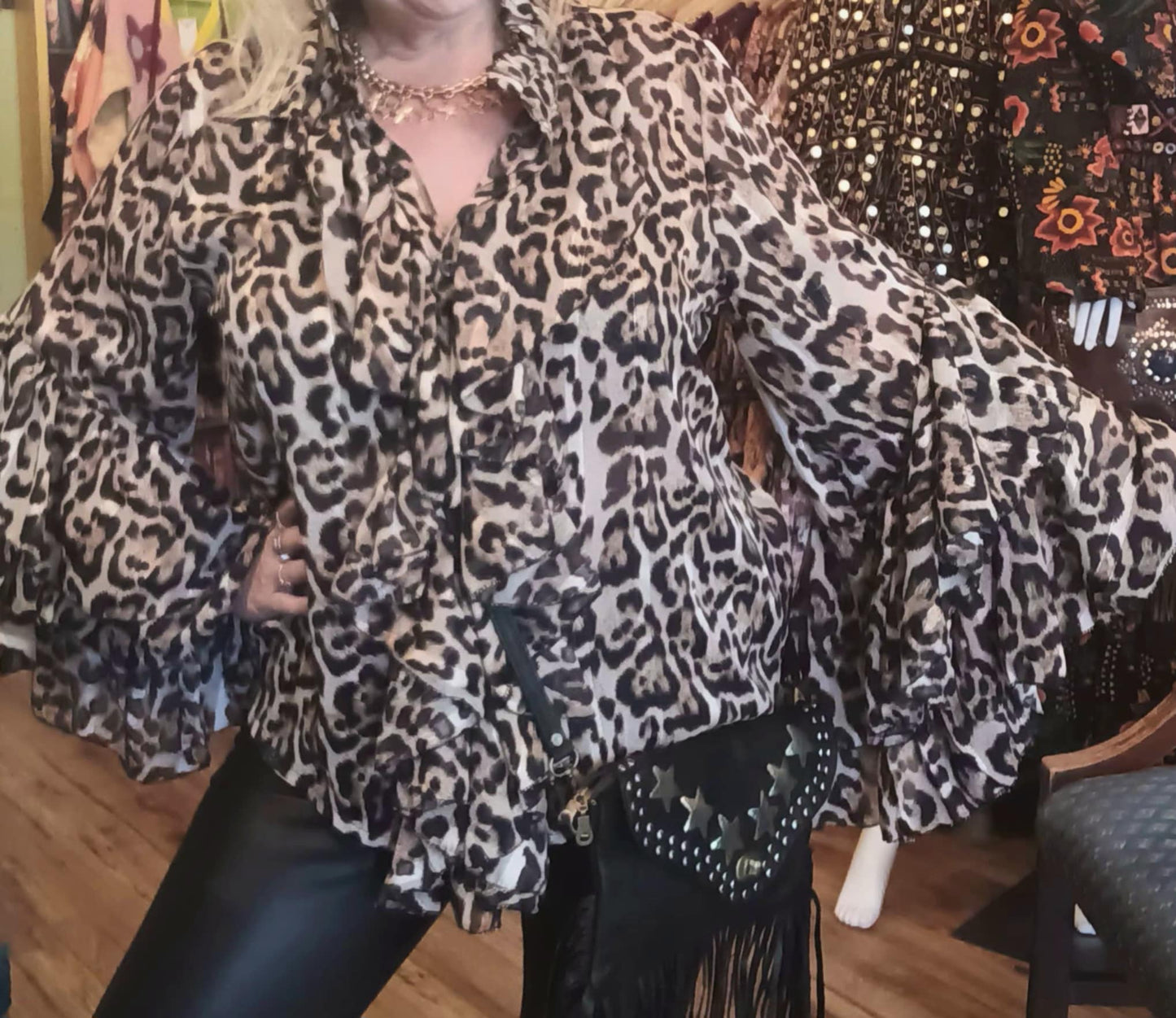THE 'LABELLE' FABULOUSLY FLOUNCY ROCK CHICK STYLE LEOPARD WATERFALL FRILL BLOUSE