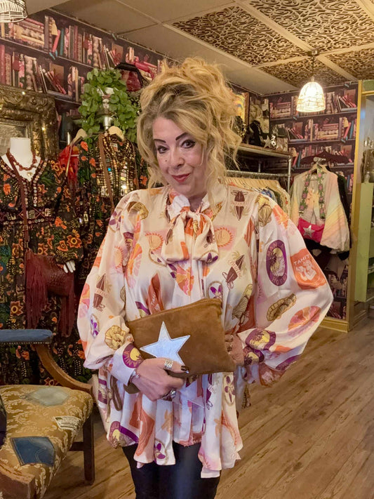 THE 'MANILA' EXQUISITE PUSSY BOW SHIRT IN A QUIRKY LATIN AMERICAN PRINT TWO COLOUR OPTIONS