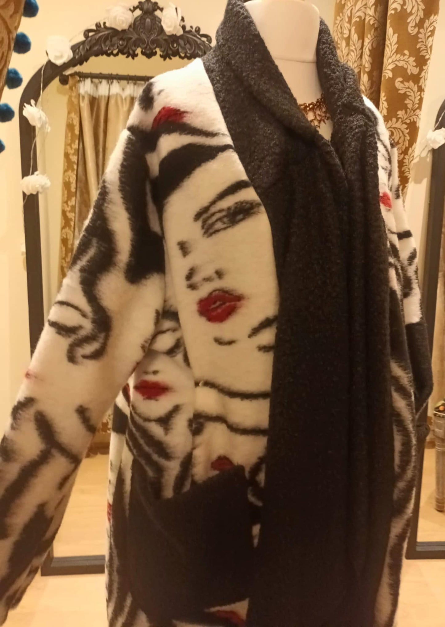 THE 'PARISIAN MISS' BEAUTIFUL EDGE TO EDGE BOUCLE COAT IN A QUIRKY IMPRESSIONIST PRINT FROM OUR MADE IN ITALY COLLECTION