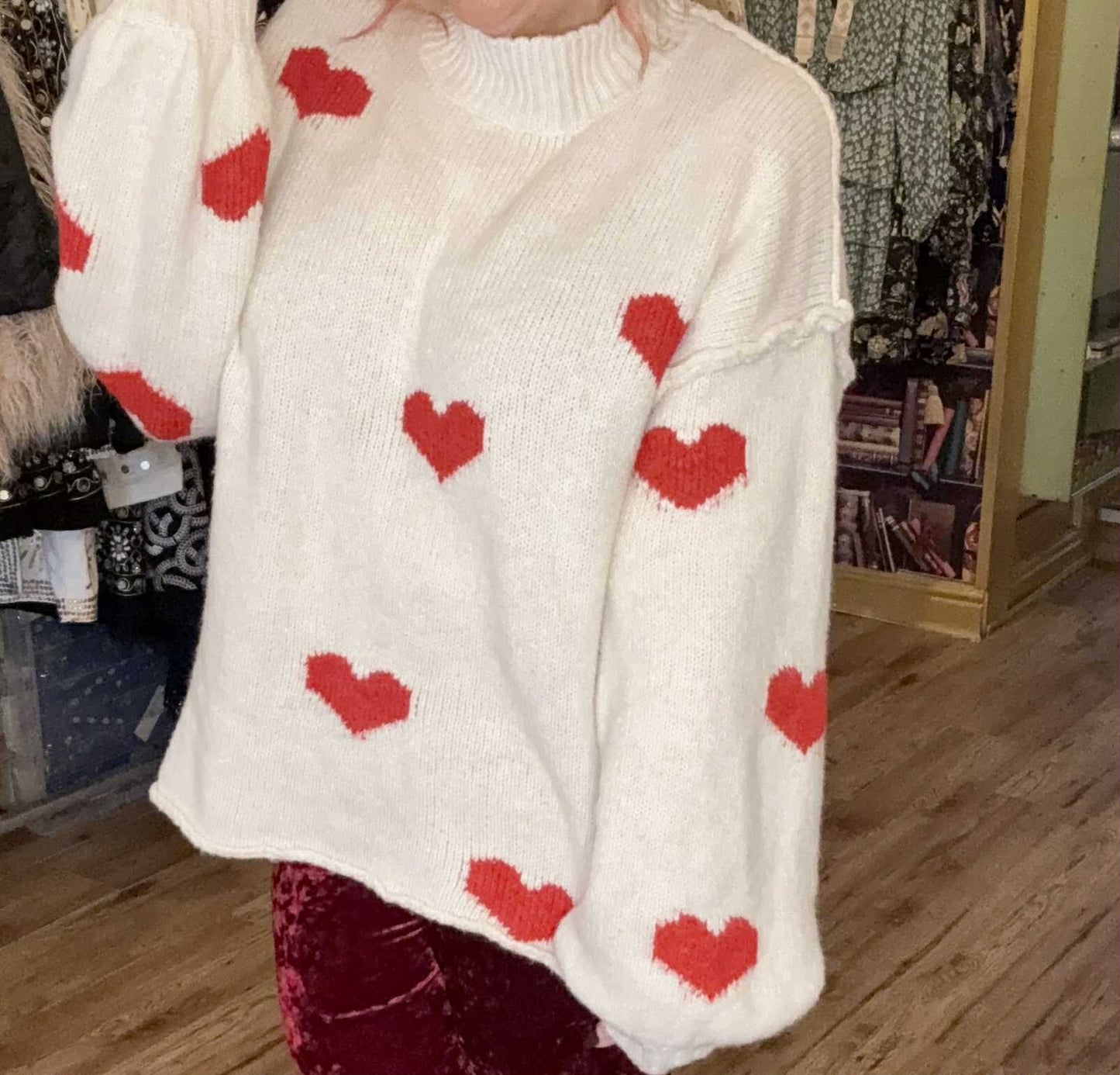 THE 'LOVE IS...' BEAUTIFUL CREAM AND RED CUTE AND COSY HEART PATTERN SNUGGLE JUMPER