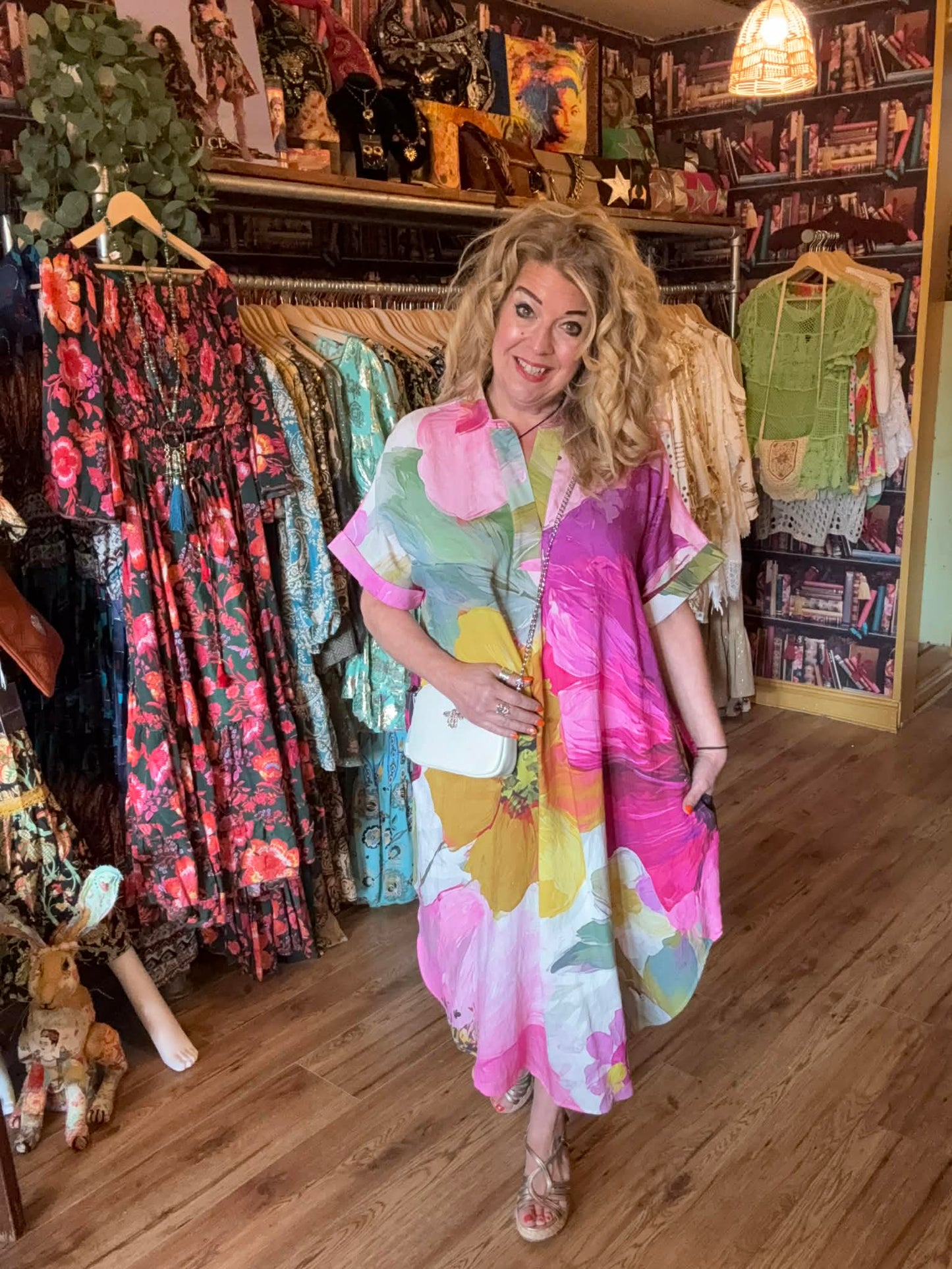 THE 'SUNNY DAZE' BEAUTIFUL BOLD FLORAL PRINT RAINBOW COLOURED RELAXED FIT DRESS