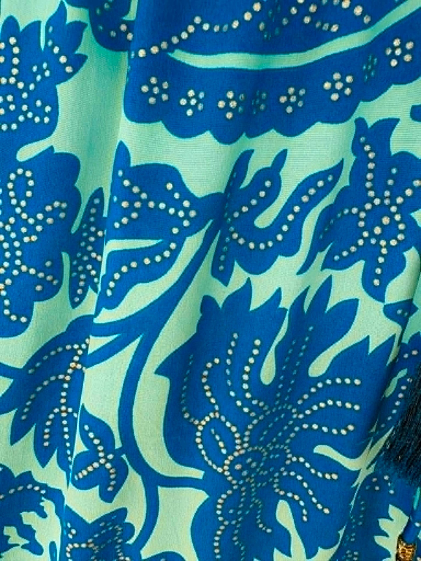 THE 'ALHAMBRA SKIES' BREATH TAKING TURQUOISE AND COBALT BOTANICAL PRINT FRILL HEM DRESS FROM OUR SPANISH COLLECTION