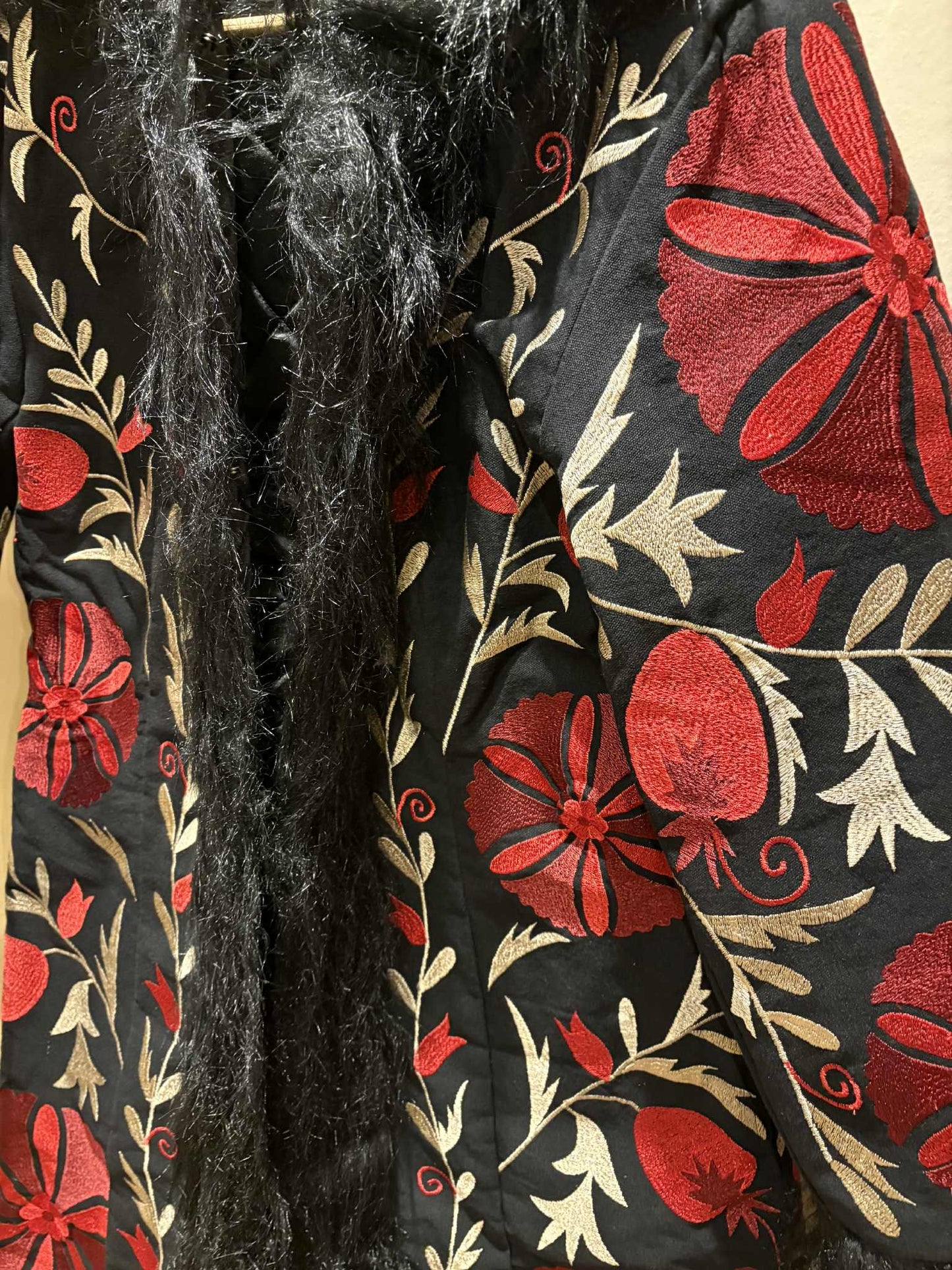 THE 'MONA' STUNNING 70'S STYLE RICHLY EMBROIDERED FAUX FUR AFGHAN COAT IN CHERRY AND BLACK FROM OUR EXCLUSIVE SPANISH RANGE