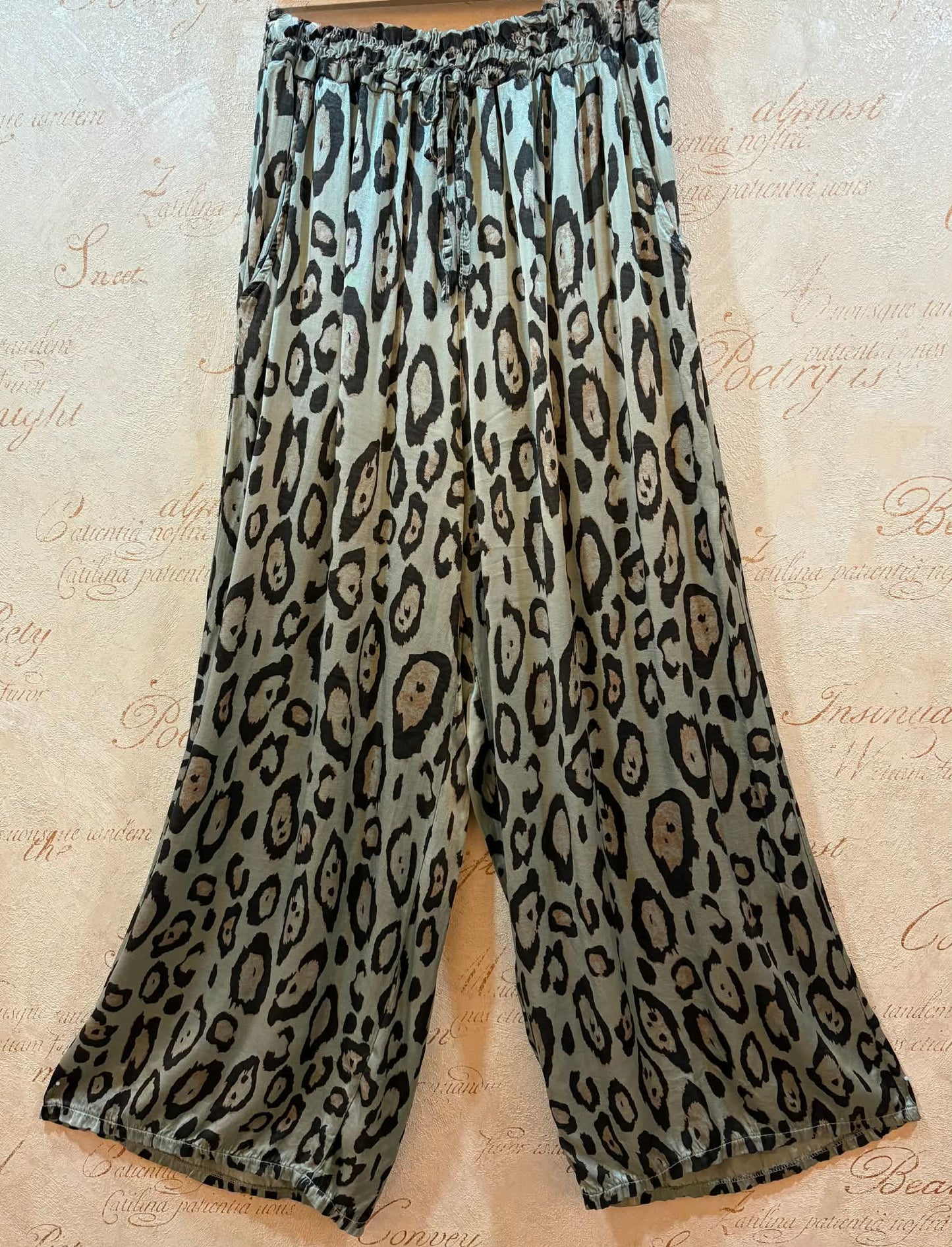 THE 'ATHENA' LUXE SATIN FEEL SWISHY WIDE LEG LEOPARD PRINT PANTS WITH ADJUSTABLE STRETCH WAIST