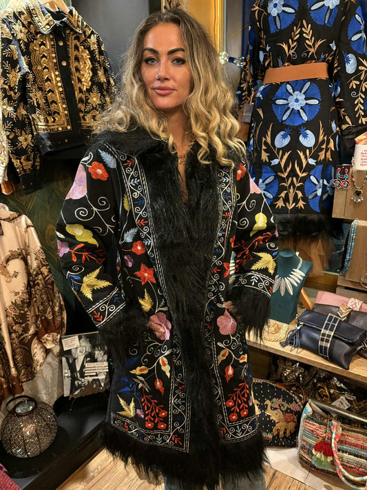 THE 'MODA' STUNNING 70'S  AFGHAN STYLE FAUX FUR COAT WITH BEAUTIFUL EMBROIDERY FROM OUR EXCLUSIVE SPANISH RANGE