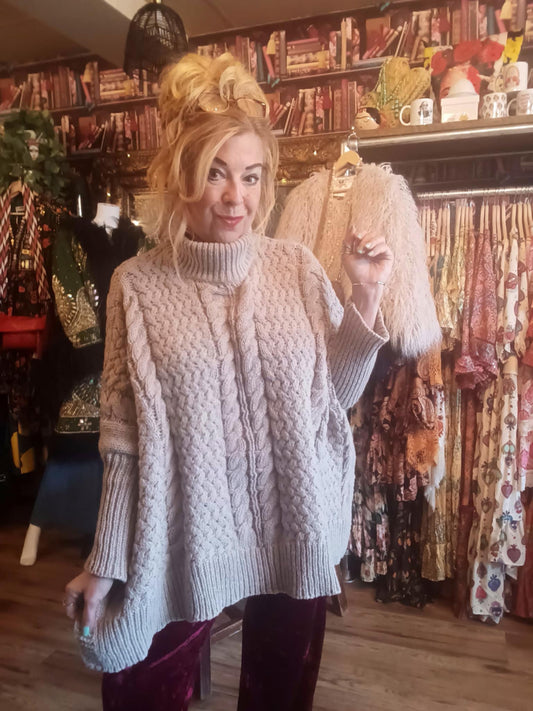 THE 'COASTAL GLOW' EXQUISITE QUALITY FUNNEL NECK CABLE KNIT WITH SPLIT DETAIL HEMLINE