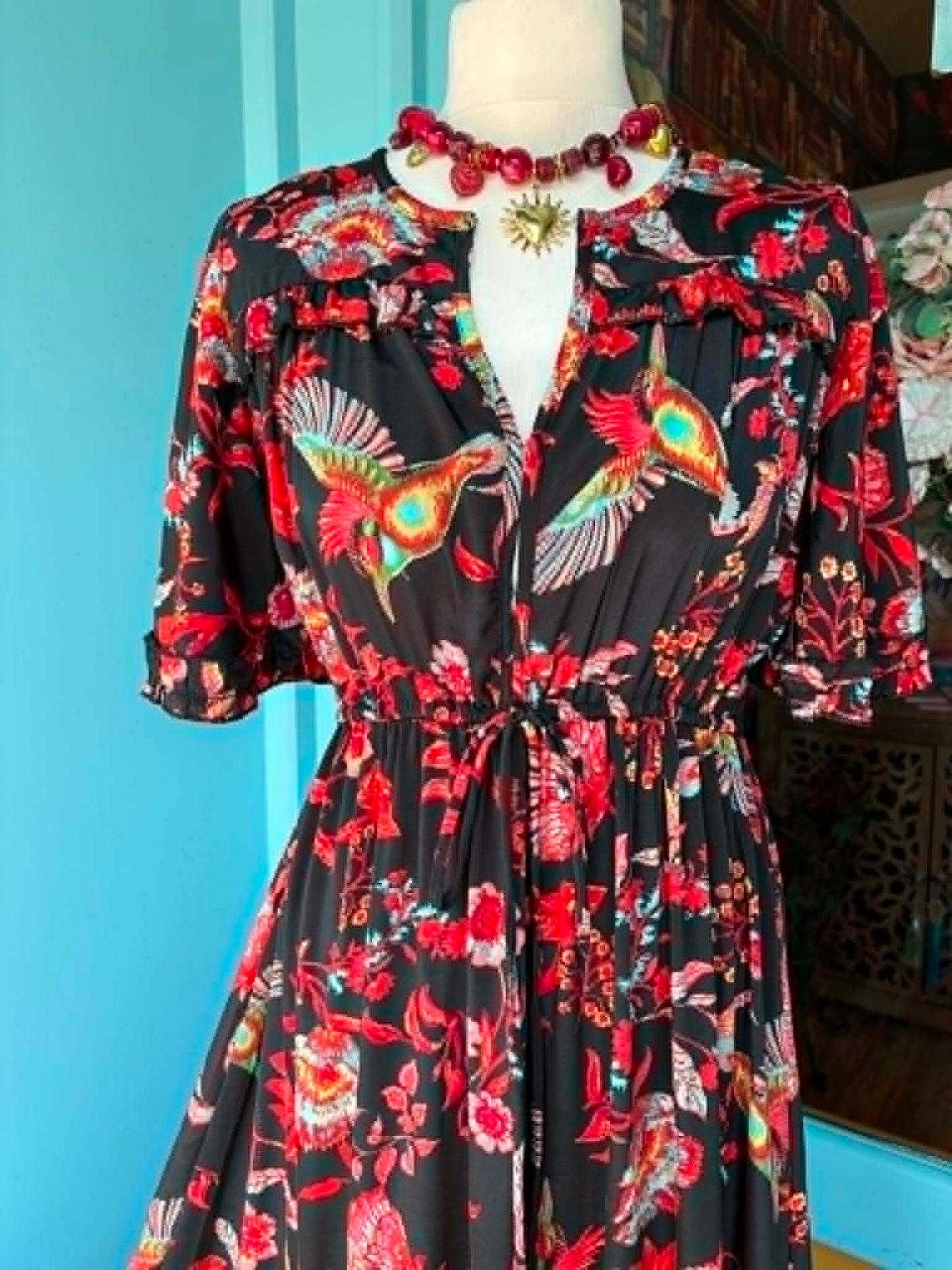 THE 'ALHAMBRA BIRD OF PARADISE' BREATH TAKING MULTI BIRD PRINT DRESS FROM OUR EXCLUSIVE SPANISH COLLECTION