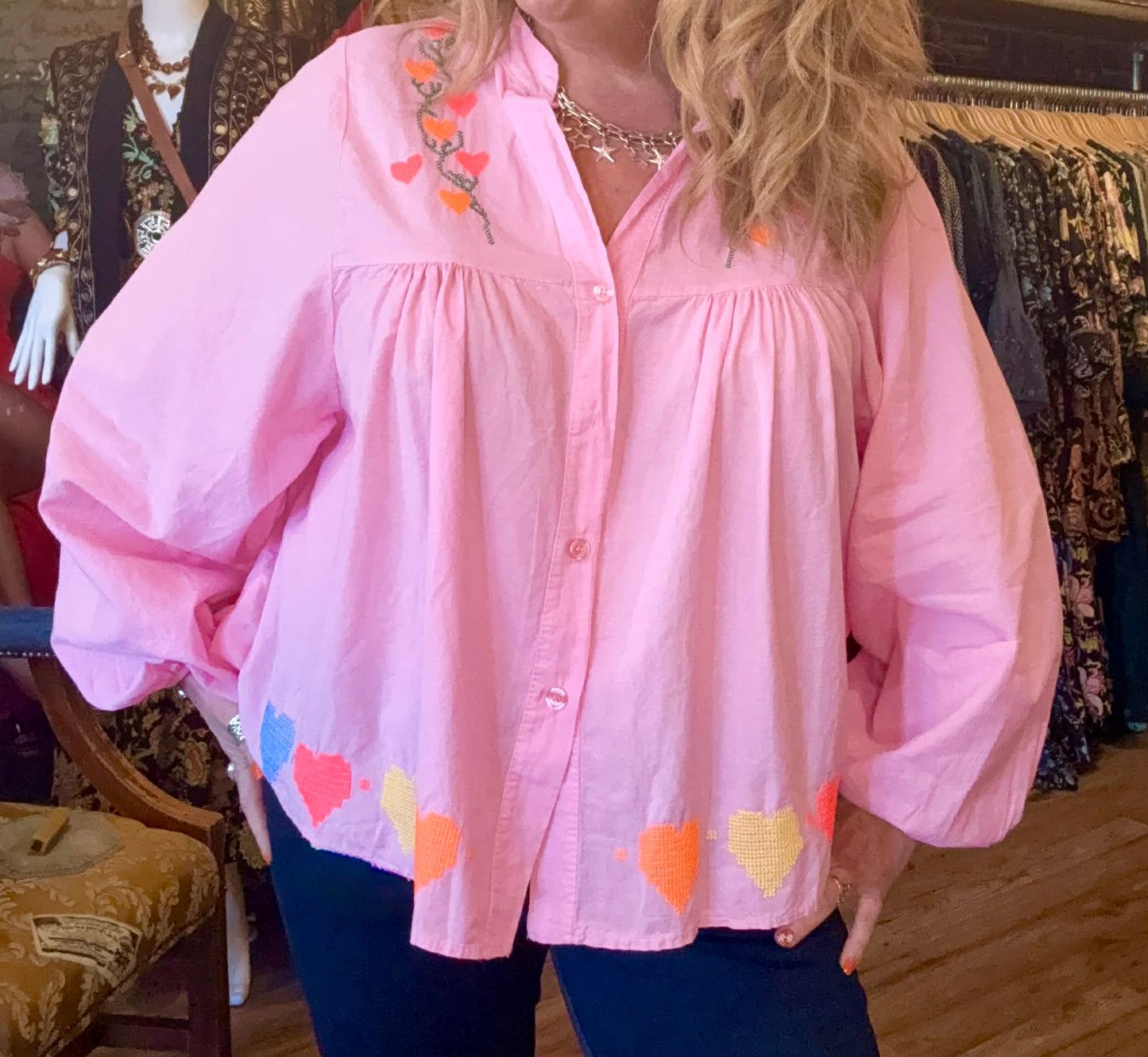 THE 'MEADOW' STUNNING 100% COTTON VINTAGE 70'S STYLE BUTTON SMOCK TOP WITH CUTE CROSS STITCH EMBROIDERY
