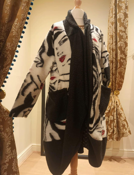 THE 'PARISIAN MISS' BEAUTIFUL EDGE TO EDGE BOUCLE COAT IN A QUIRKY IMPRESSIONIST PRINT FROM OUR MADE IN ITALY COLLECTION