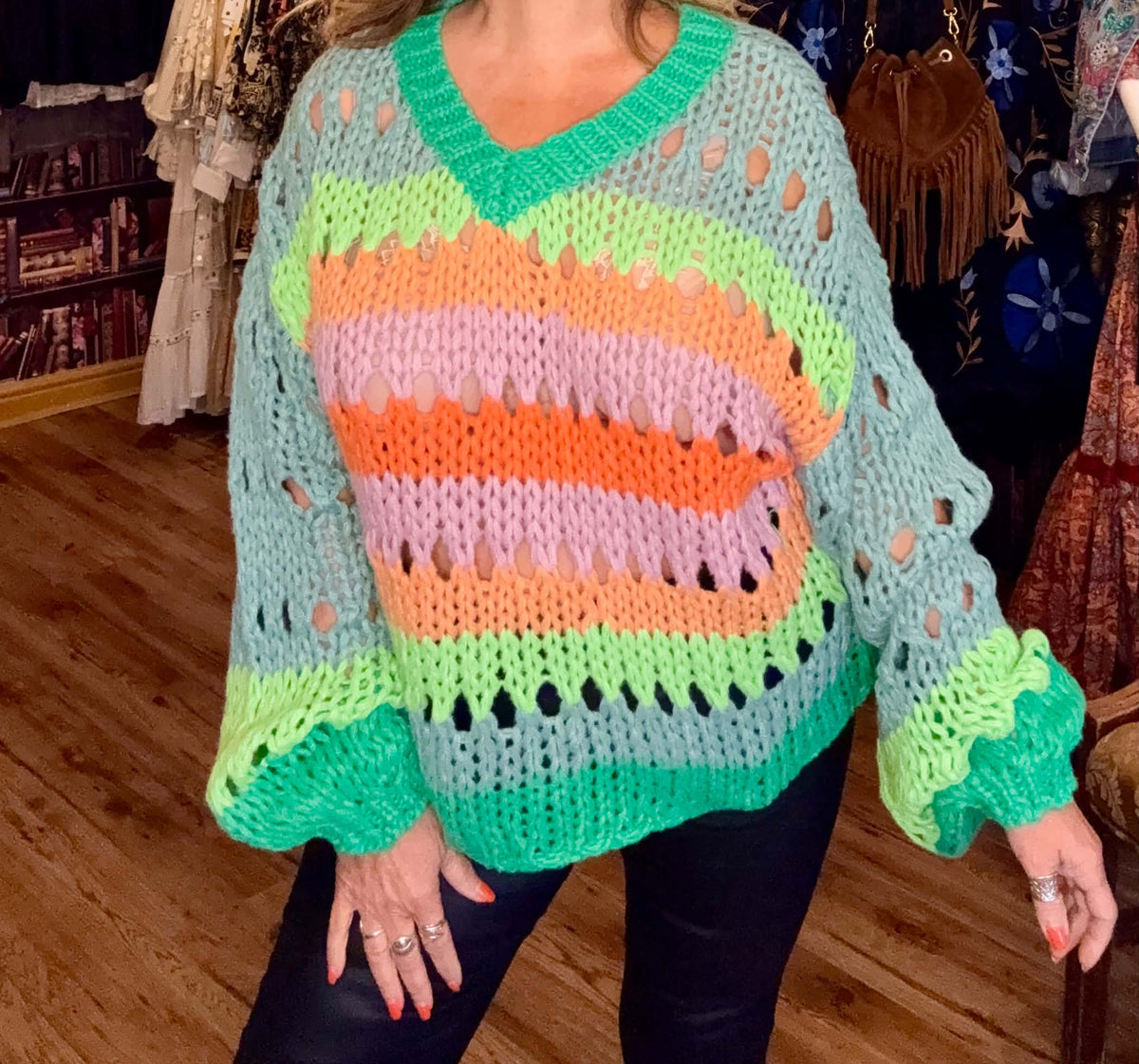 THE 'COSMIC GIRL' FUNKY RAINBOW COLOURED CHUNKY OPEN STITCH KNIT WITH BALLOON SLEEVES