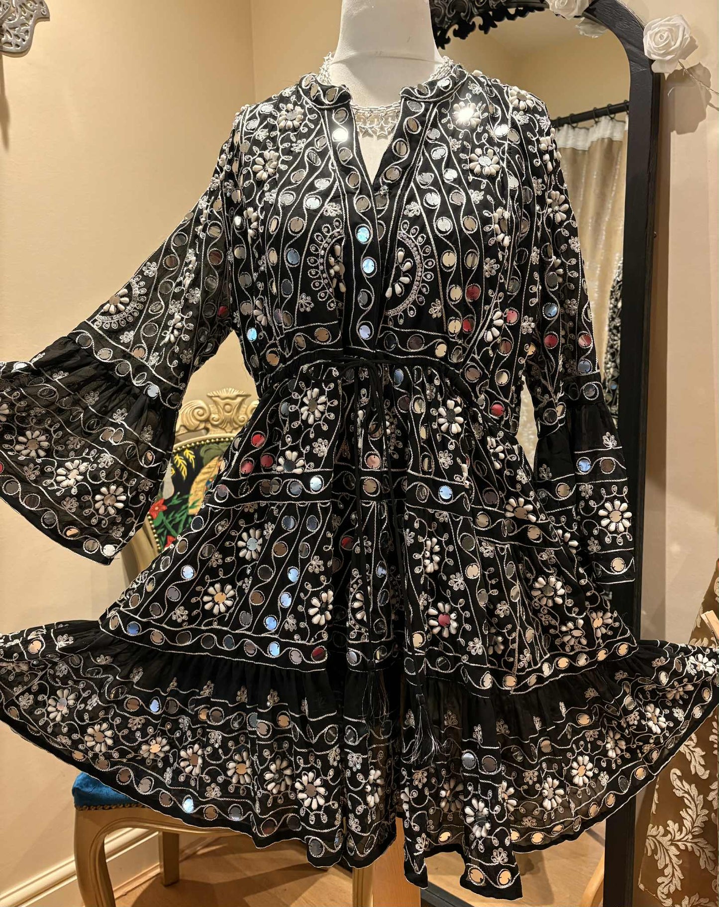 THE 'NURIA' STUNNING RICHLY BEADED, SEQUINNED AND EMBROIDERED TASSEL WAIST TUNIC DRESS