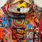 THE 'VIVIENNE' BRIGHT AND BEAUTIFUL ARTY HOTCHPOTCH PRINT ASYMMETRIC JACKET IN RAINBOW COLOURS
