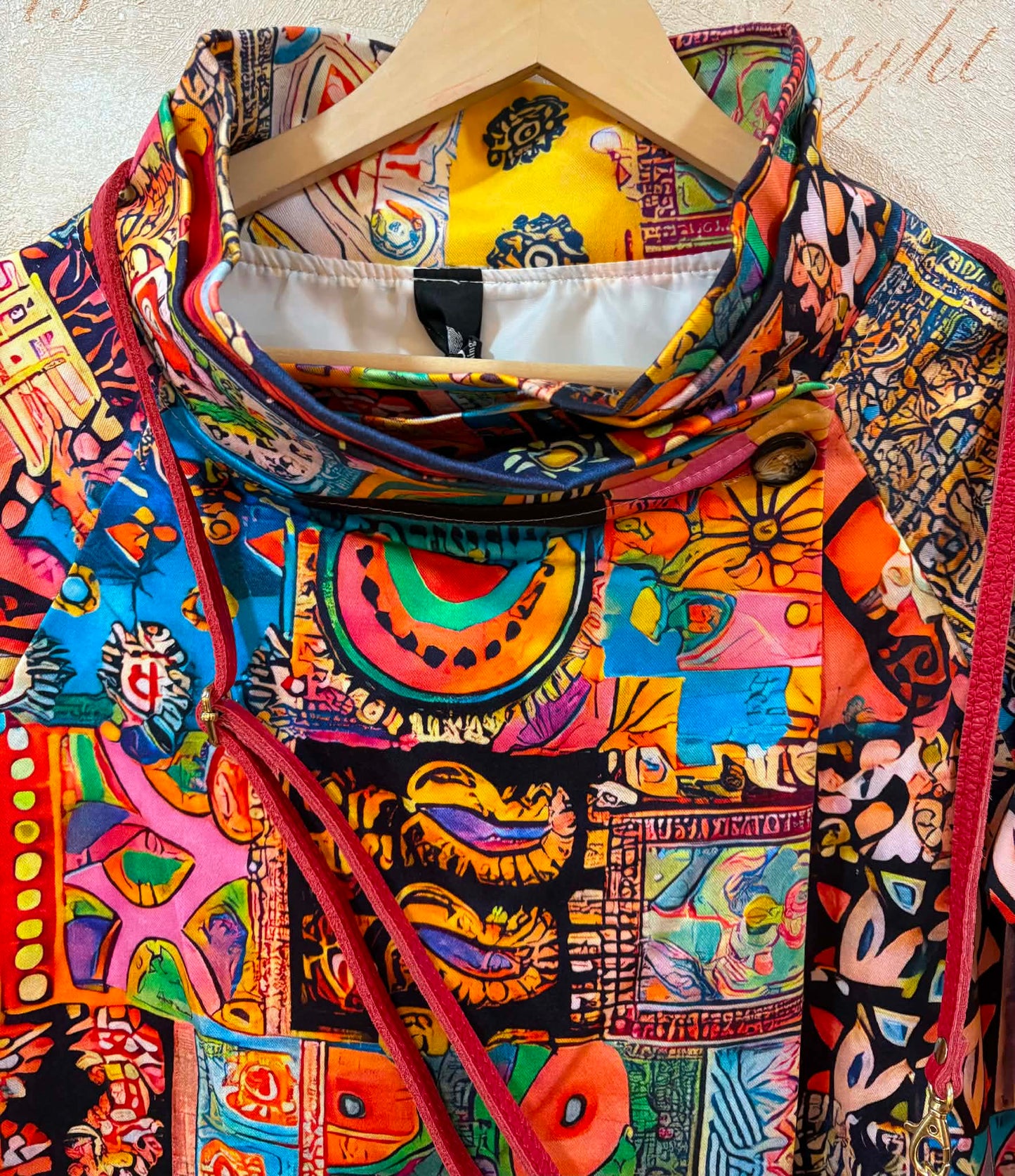 THE 'VIVIENNE' BRIGHT AND BEAUTIFUL ARTY HOTCHPOTCH PRINT ASYMMETRIC JACKET IN RAINBOW COLOURS