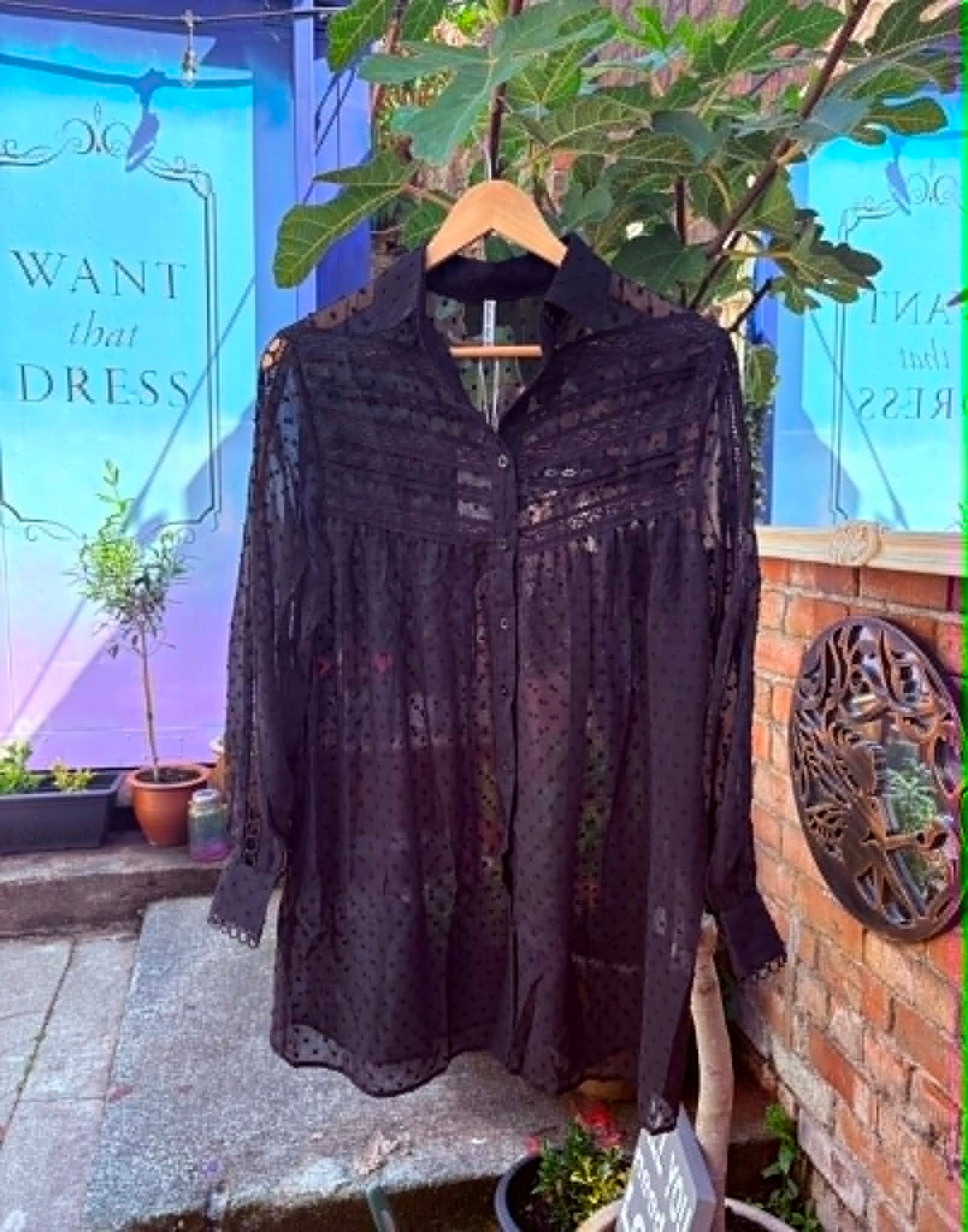 THE 'VICTORIANA' STUNNING BLACK DOBBY SPOT LACE EMBELLISHED VICTORIANA STYLE BUTTON THROUGH TUNIC/DRESS
