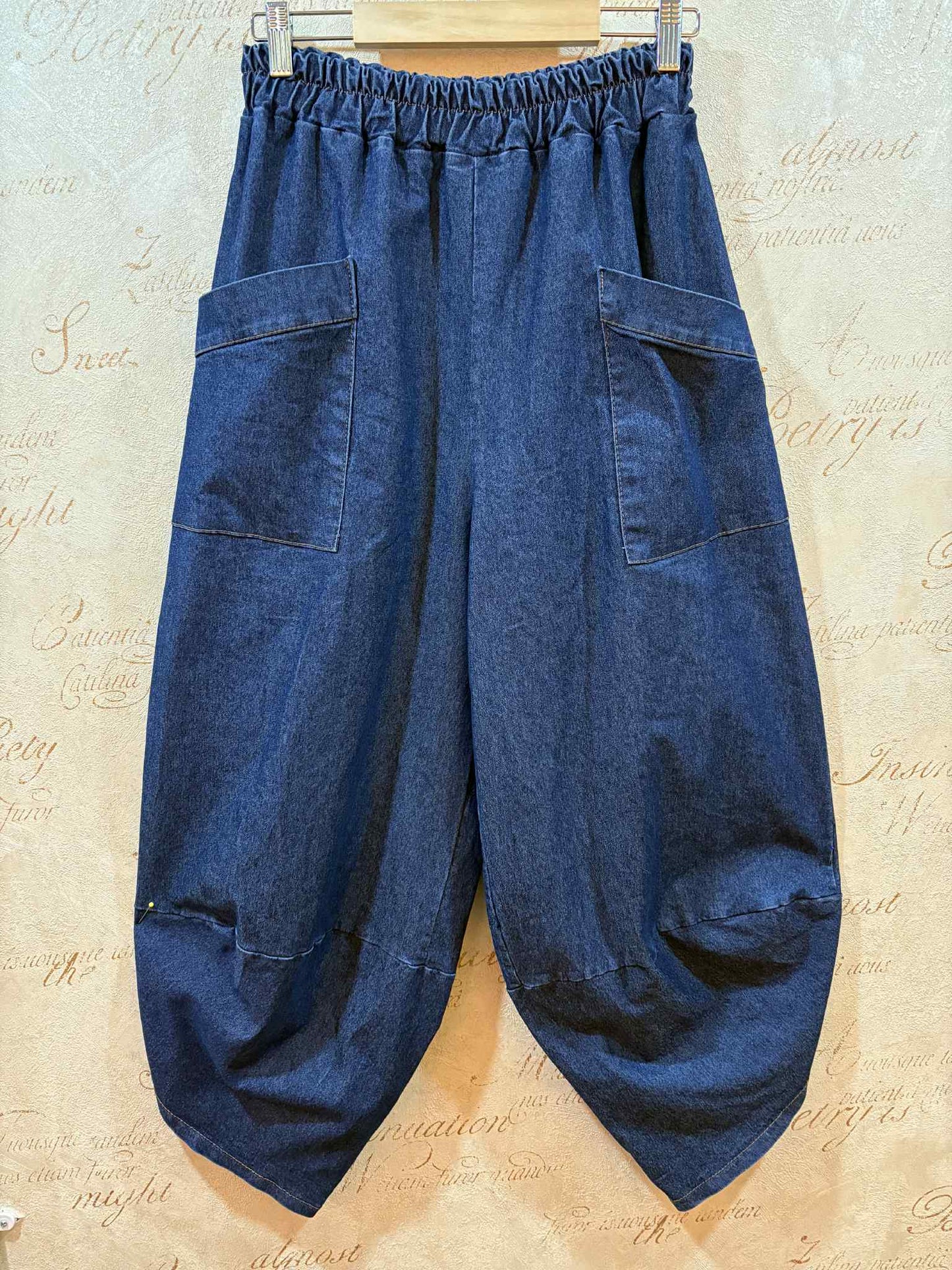 THE 'CHLOE' CLASSIC DENIM BARREL LEG COCOON PANTS WITH PATCH POCKETS AND STRETCH WAIST