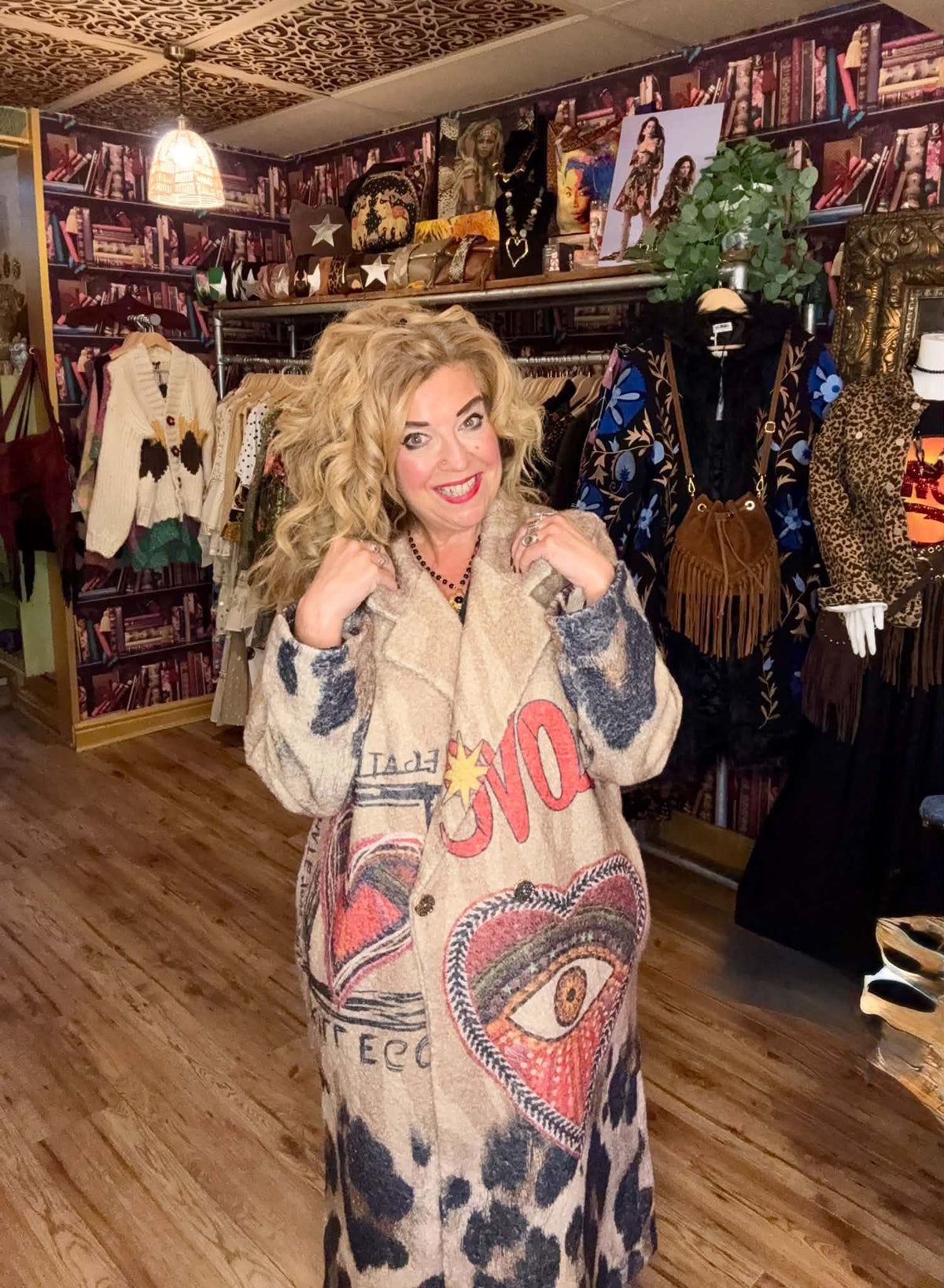 THE 'CELESTIAL LOVE' COSY OVERSIZED BUTTON FRONT BLANKET COAT WITH HEARTS, SUNS AND MYSTIC EYES