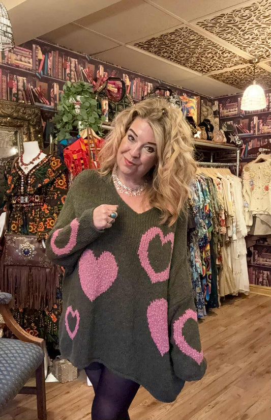 THE 'JOLLY HEARTS' COSY OVERSIZED SNUGGLE JUMPER IN KHAKI OR CREAM