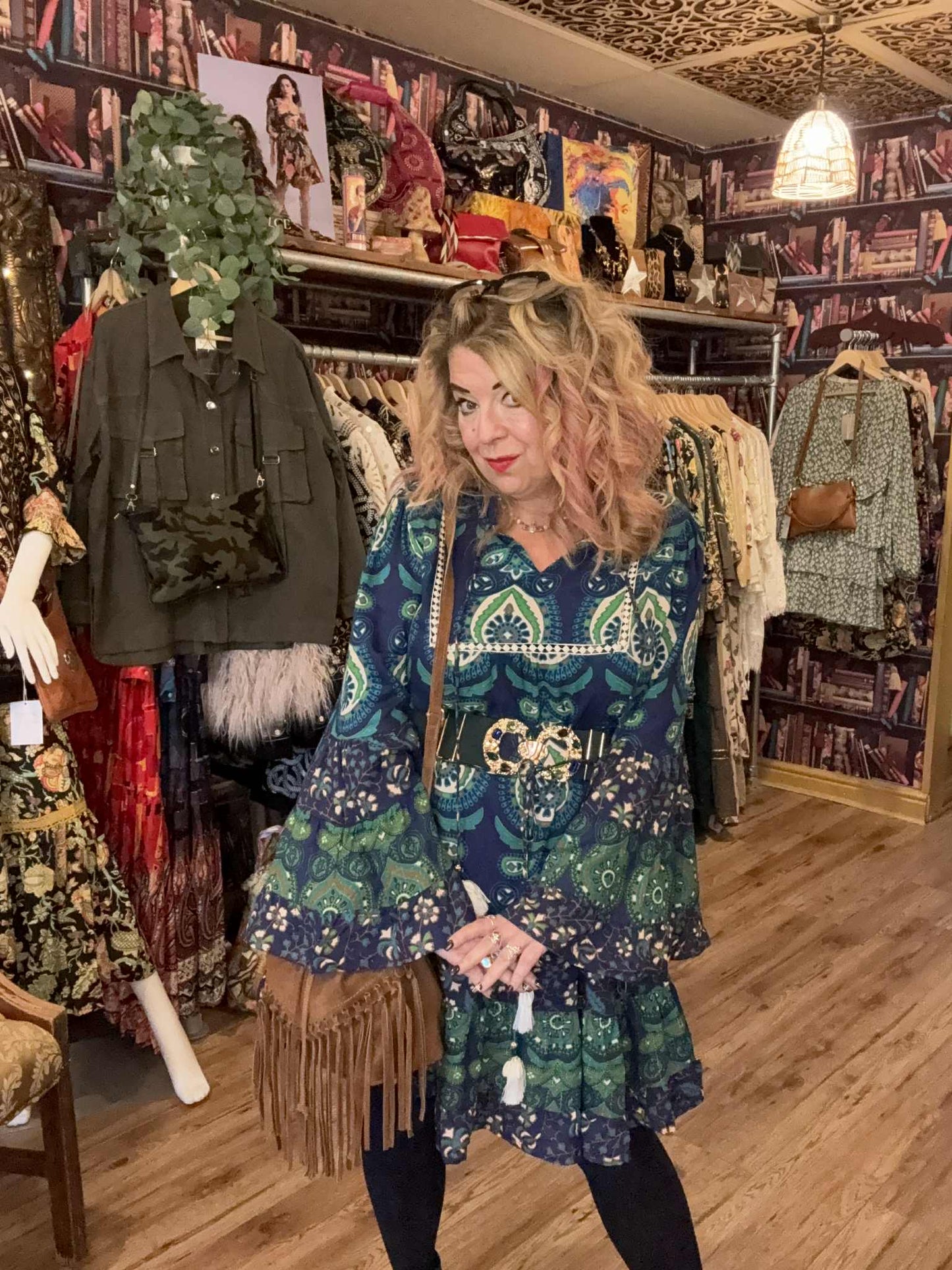 THE 'PANDORA' VINTAGE 70'S STYLE BELL SLEEVE TASSEL DETAIL DRESS WITH FULL AND FLIPPY HEMLINE